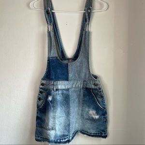 Free People Patchwork Blues pinafore overalls mini